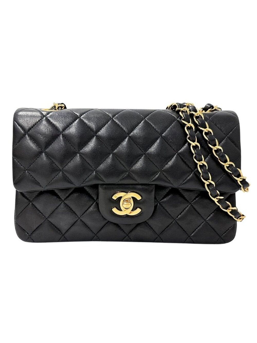 Chanel Quilted 25 Shoulder Bag Lambskin Black Gold Double Flap Chain
